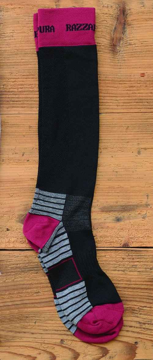 Black Dryarn long sock, with bordeaux band, heel and toe. Grey Friction Free lines.