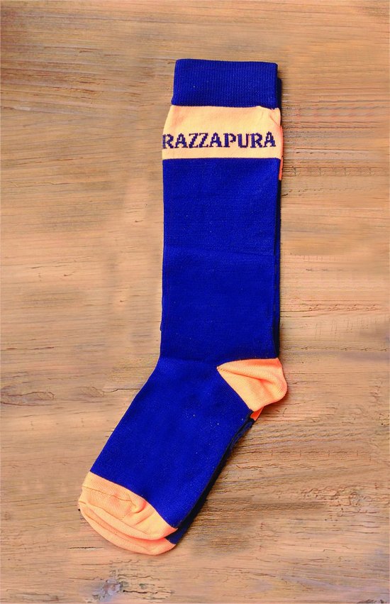 Blue Skinlife long sock with orange band, heel and toe.