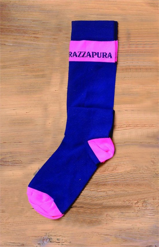 Blue Skinlife long sock with fuchsia band, heel and toe.