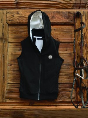 Black sleaveless sweatshirt with zip and hood, white internal details.