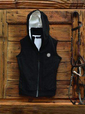 Felpa nera senza maniche, con zip e cappuccio, interni bianchi.