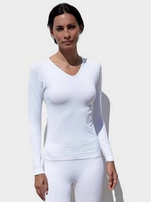 Maglia manica lunga con scollo a V, colori bianco e nero.
