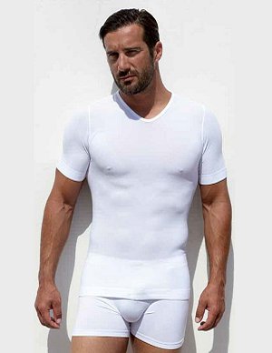 Maglia manica corta scollo a V profondo, colori bianco e nero.