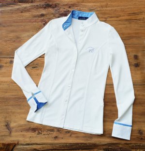 Polo coreana manica lunga bianca con bottoni, interni in fantasia celeste e bianca.