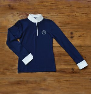 Polo coreana manica lunga blu, tessuto traforato.