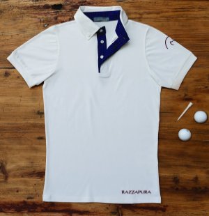 White short-sleeved polo shirt, blue and red patterned internal details.