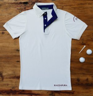 Polo manica corta bianca, interni in fantasia blu e rossa.