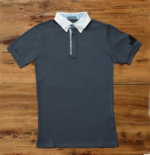 Grey short-sleeved polo shirt, honeycomb texture, sky-blue and green patterned internal details. 