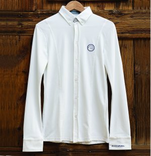 White long-sleeved polo shirt, with buttons, white and light blue striped internal details.