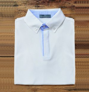 White short-sleeved polo shirt, sky-blue patterned internal details.