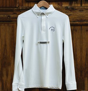 White long-sleeved polo shirt, white and light blue stripes patterned internal details, silver buttons, with tie pin.