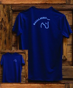 T-shirt blu con scritta RAZZA PURA e logo in royal blu.